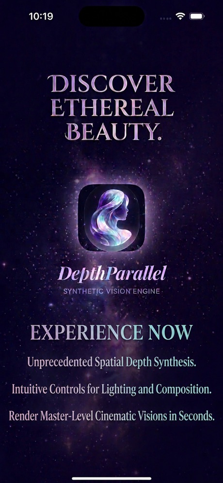 DepthParallel launch screen: Discover ethereal beauty, synthetic vision engine.