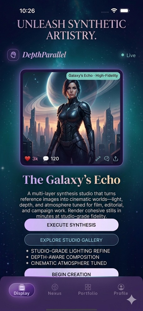 The DepthParallel studio screen, showing a cinematic render titled The Galaxy's Echo with Execute Synthesis and Explore Studio Gallery controls.