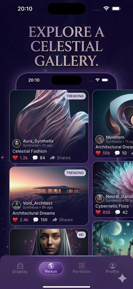 Nexus tab: a grid of trending community renders with likes and comments.