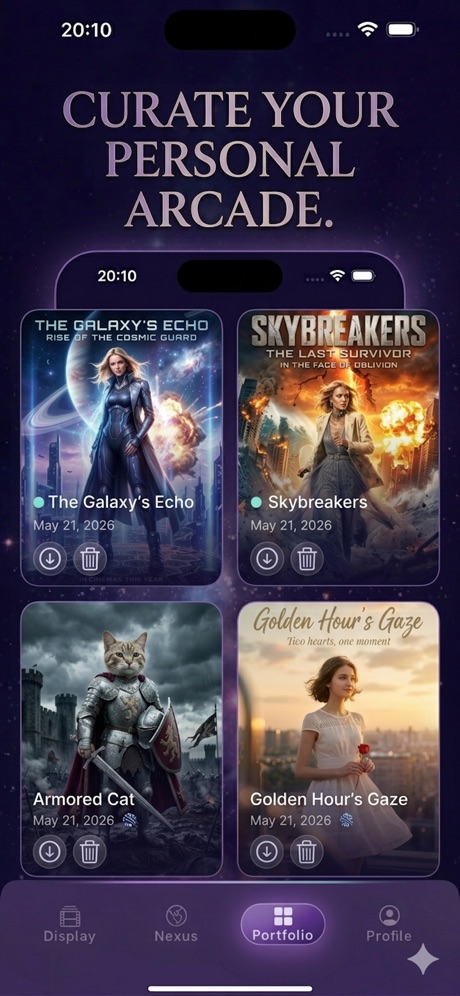 Portfolio tab: saved renders as poster cards, each dated with download and delete controls.