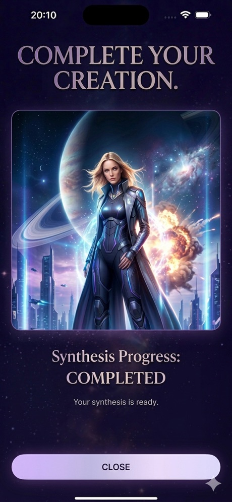 Synthesis progress screen reading Completed, with the finished cinematic still above it.